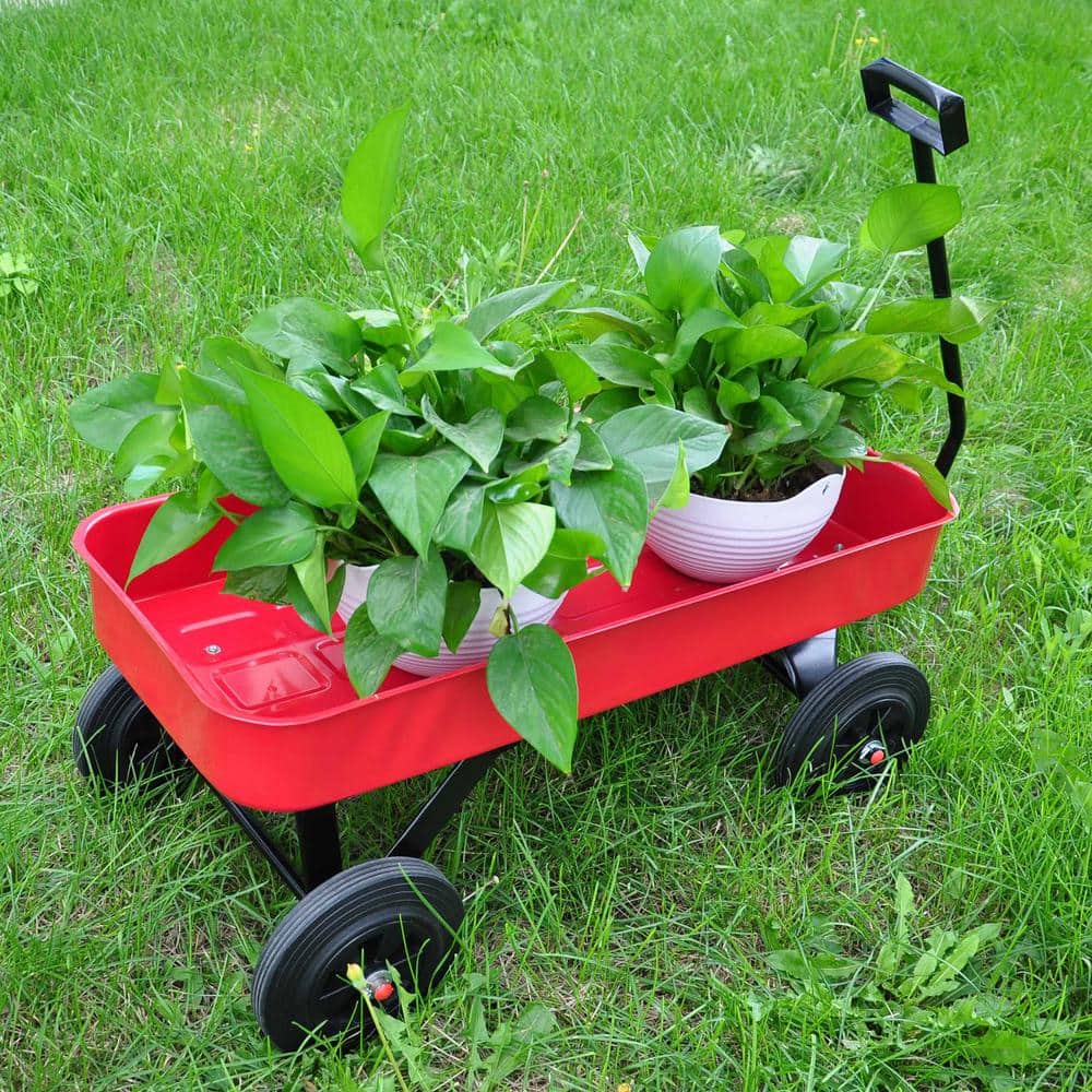 1.1 cu. ft. Metal Red Garden Cart with Solid Wheels and Adjusted handle - Hercitys