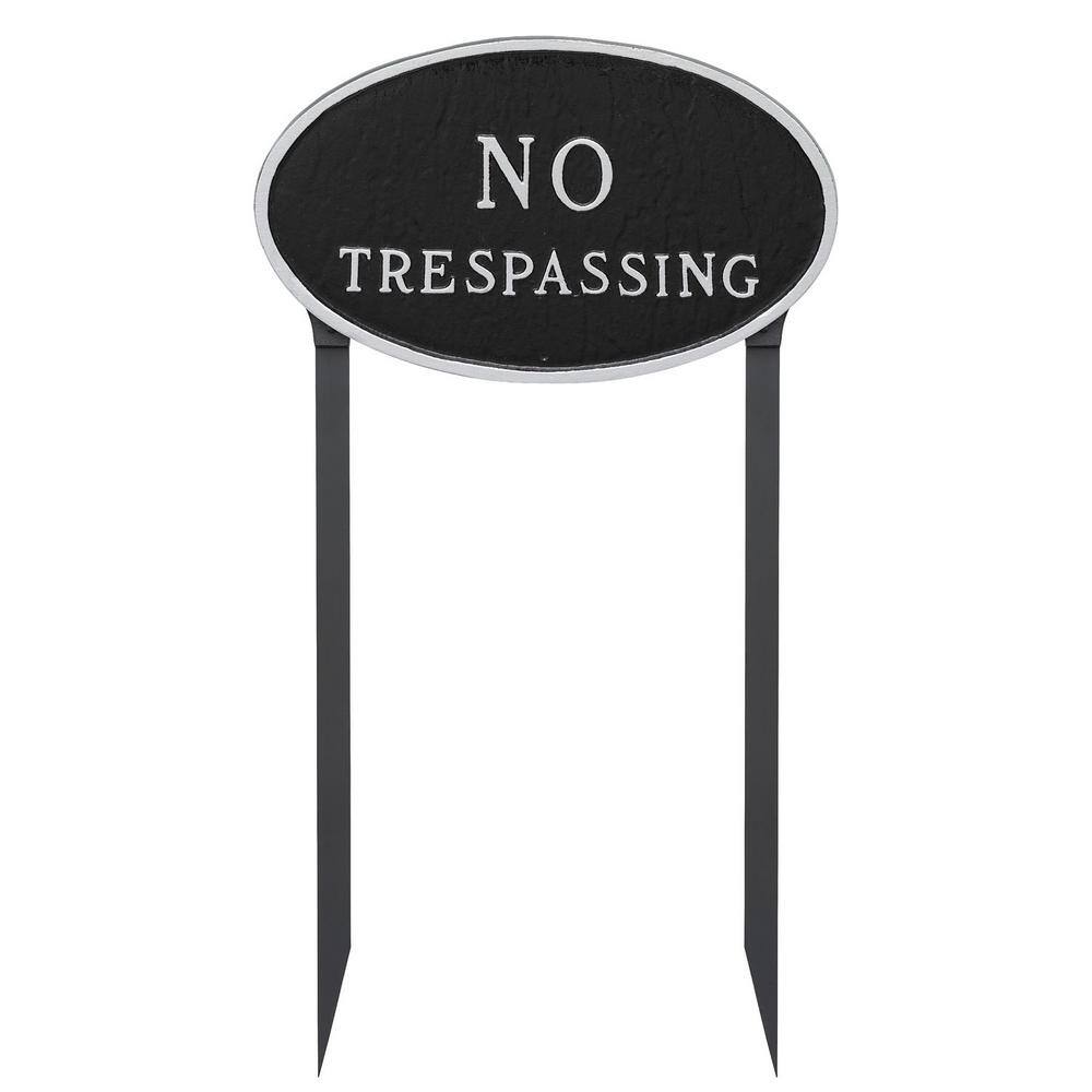 10 in. x 18 in. Large Oval No Trespassing Statement Plaque Sign with 23 in. Lawn Stakes, Black with Silver Lettering - Hercitys