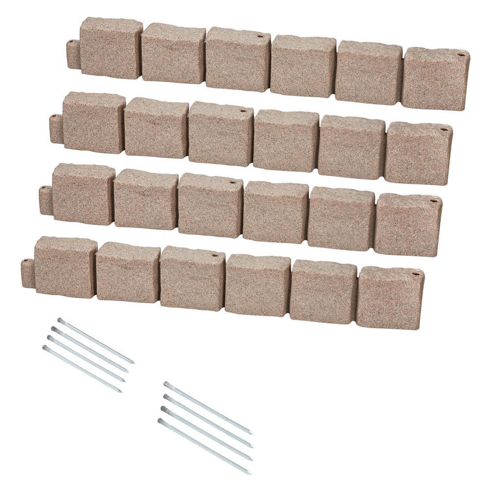 46.8 x 3.9 in. Beige Faux Stone Landscape Edging, Flexible Brick-Sized Garden Border with Anchoring Spikes Polyethylene - Hercitys