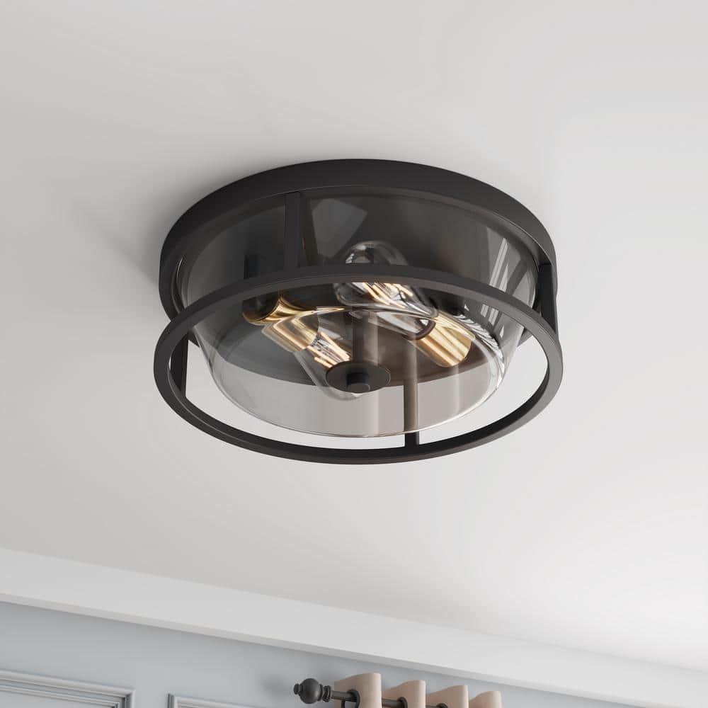 13 in. 2-Light Industrial Black Flush Mount Ceiling Light Fixture with Glass Shade - Hercitys