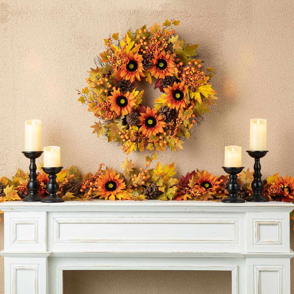 24 in. D Unlit Fall Sunflower, Maple Leaf and Berry Wreath - Hercitys