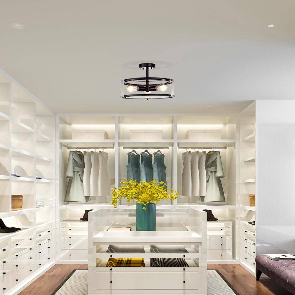 16 in. 3-Light Black and Brushed Nickel Round Semi Flush Mount with Verre Strie Glass - Hercitys