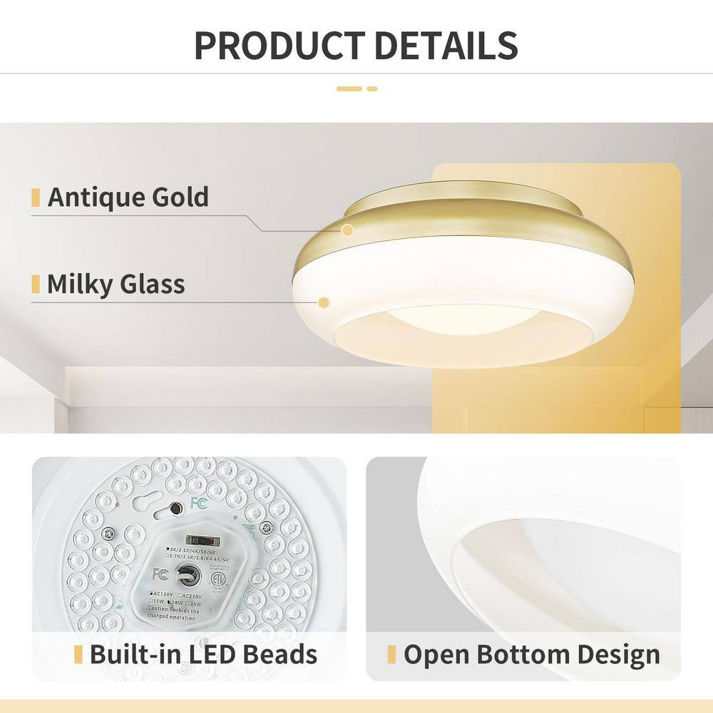 15 in. 18-Watt Modern Antique Gold Integrated LED Flush Mount with Milky White Glass - Hercitys