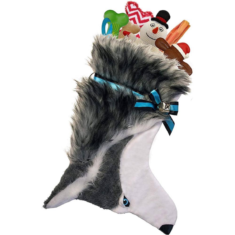 22 in. Long Hair Husky Dog Faux Fur Christmas Stocking - Hercitys