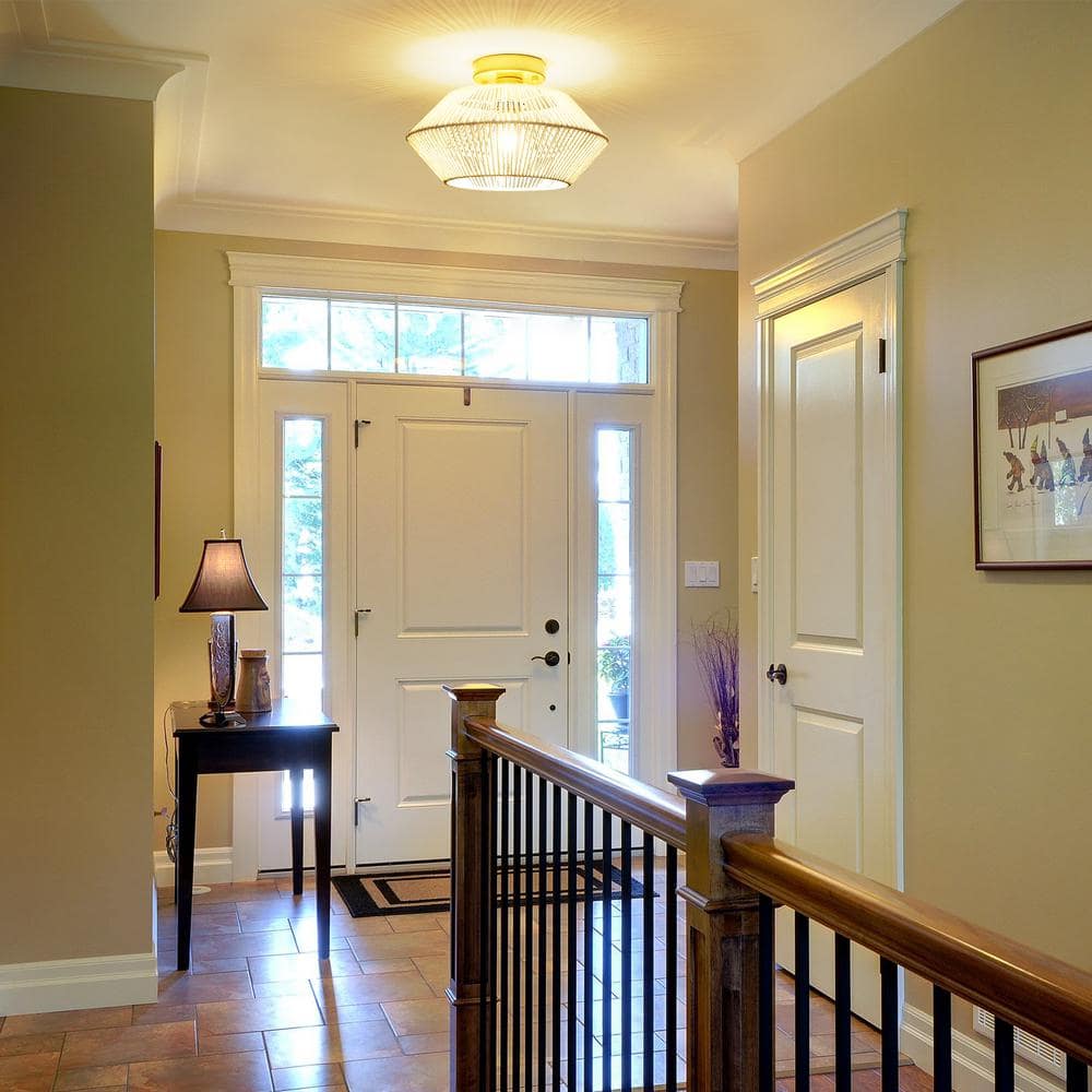 12.6 in. 1-Light Gold and White Bohemian Rattan Semi Flush Mount Ceiling Light for Dining Room - Hercitys