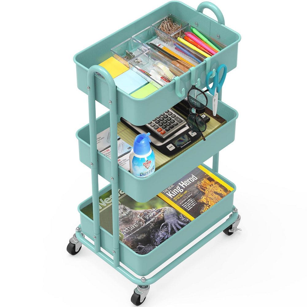 3-Tier Metal -Wheeled Utility Cart in Turquoise - Hercitys