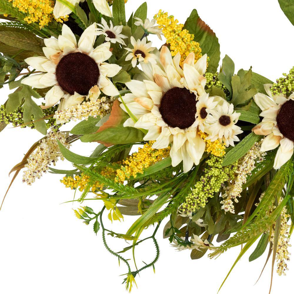 24 in. Beige Sunflowers Artificial Fall Harvest Wreath - Hercitys