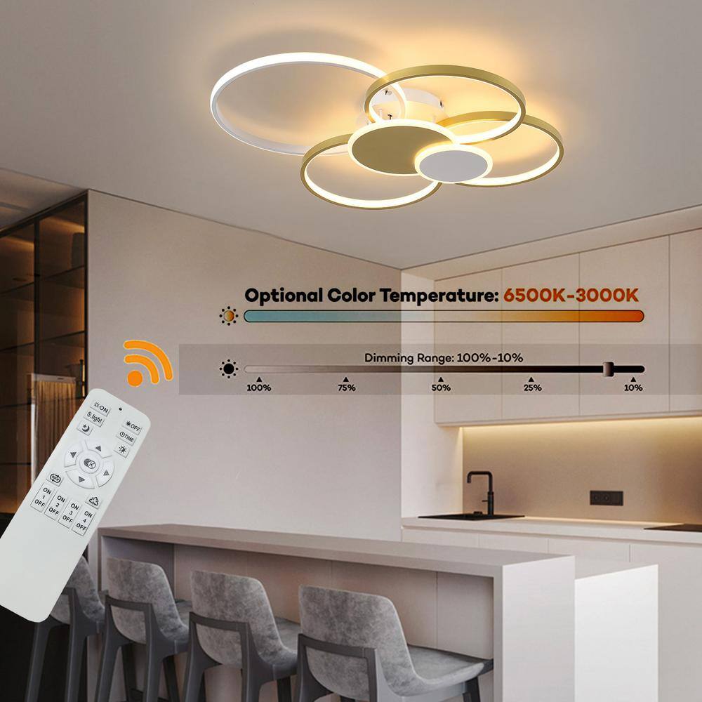 31.5 in. Gold Modern 6-Ring Flush Mount Dimmable LED Ceiling Light with Remote and Integrated LED Light Source Included - Hercitys