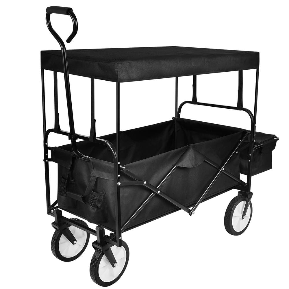 5 cu. ft. Black Steel Garden Cart with Removable Canopy, 8 in. Wheels, Adjustable Handles and Double Fabric - Hercitys