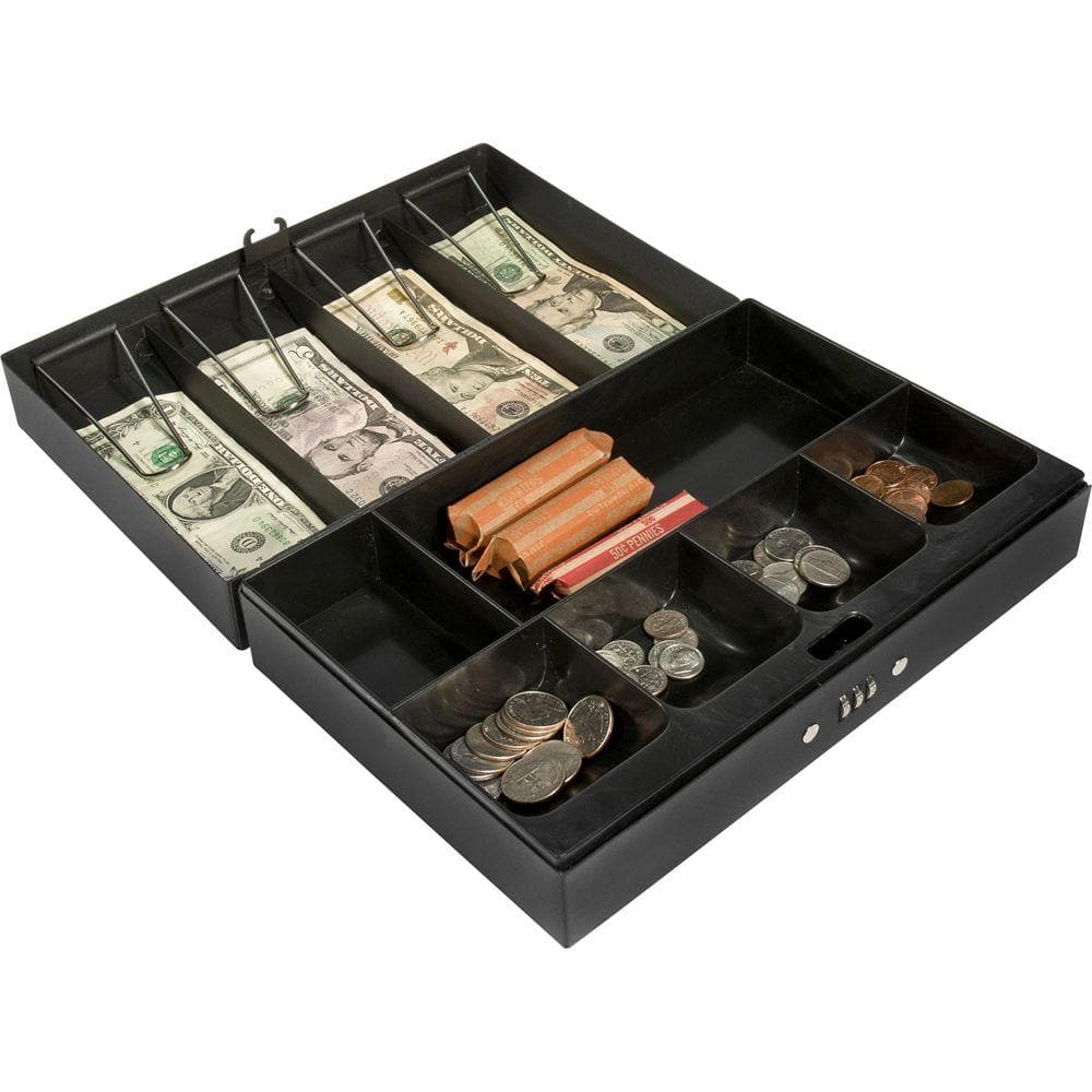0.13 cu. ft. Steel Cash Box 4 Bill Holder and 6 Compartment Tray Safe with Combination Lock, Black - Hercitys