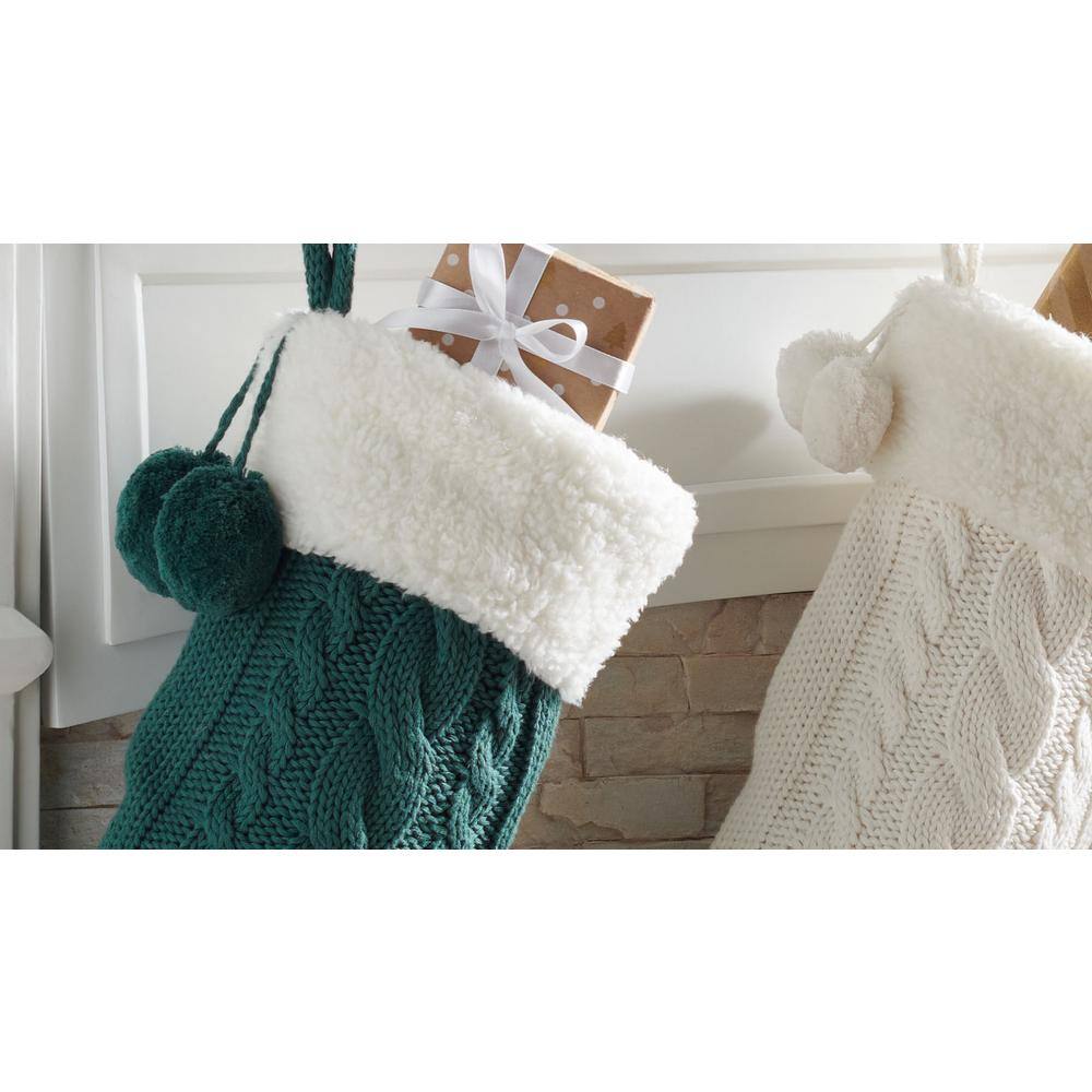 20 in. White/Red/Green Knitted Cotton Cinnamon Christmas Stocking with Pom Pom Tassels (Set of 3) - Hercitys