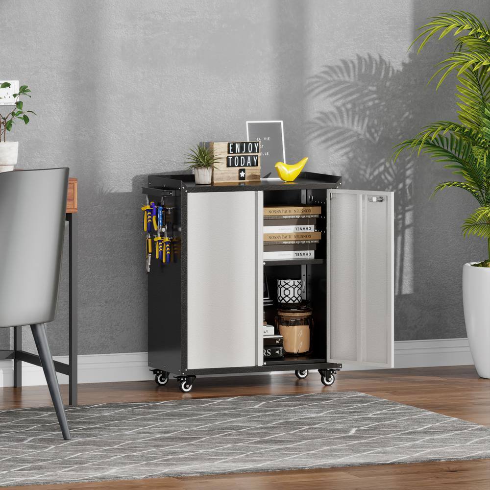 30 in. W x 35.5 in. H x 18 in. D Metal Freestanding Cabinet with Shelf, Pegboard, Side Push Handle in Black and Grey - Hercitys