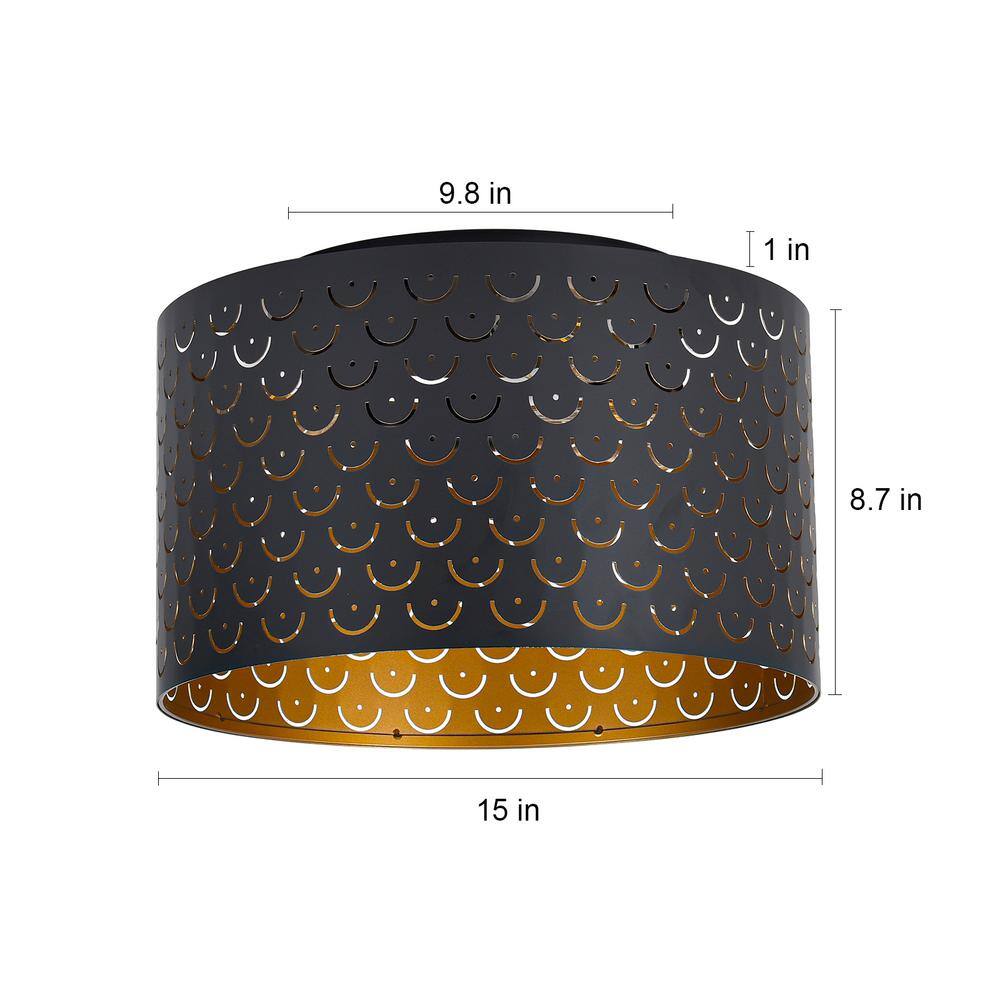 15 in. 3-Light Matte Black with Brass Inside Finish Industrial Drum Flush Mount Ceiling Light Fixture - Hercitys