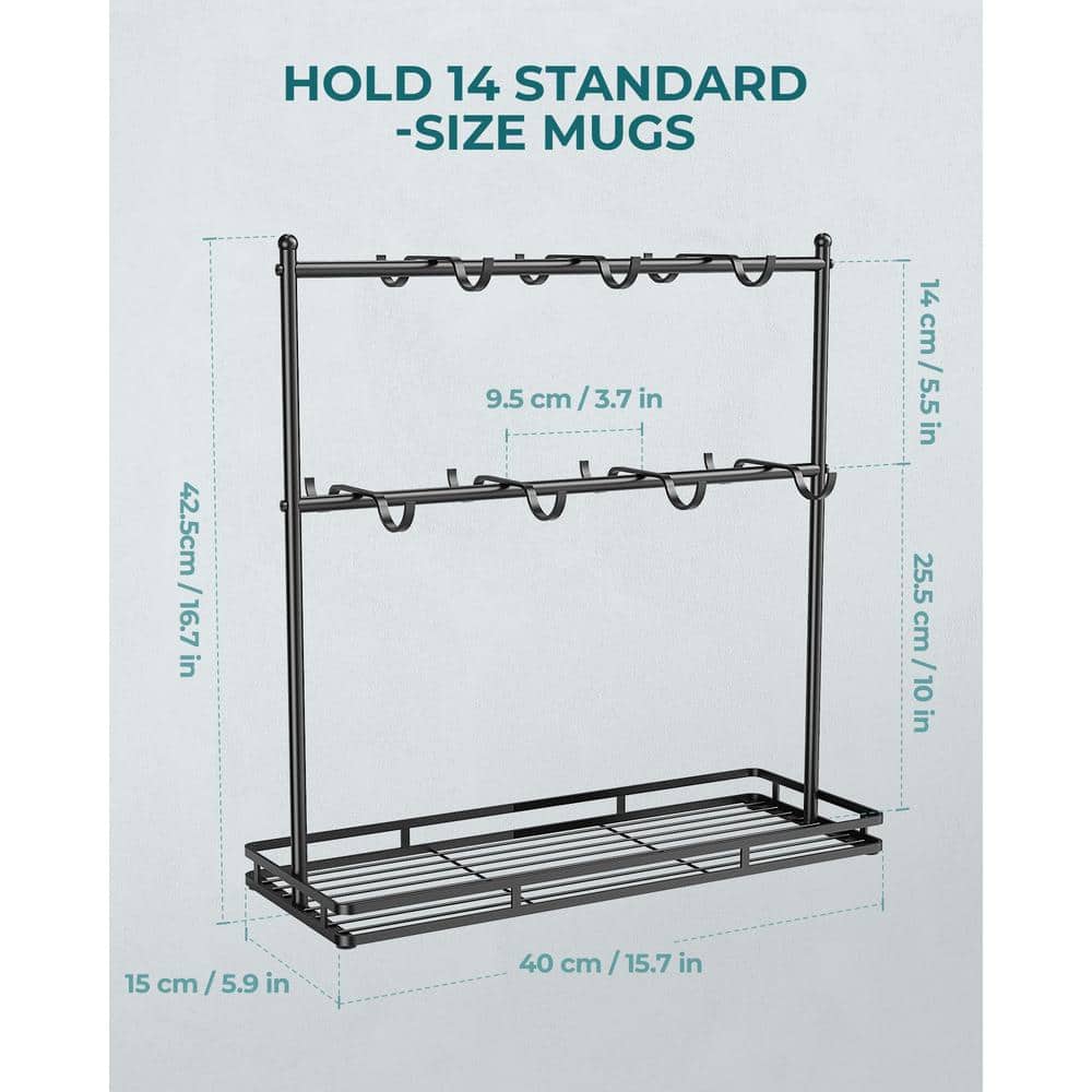 2-Tier Mug Display Stand with Heavy Duty Metal Base, 14-Hook Black Mug Tree Rack, Coffee Mug Holder for Countertop - Hercitys