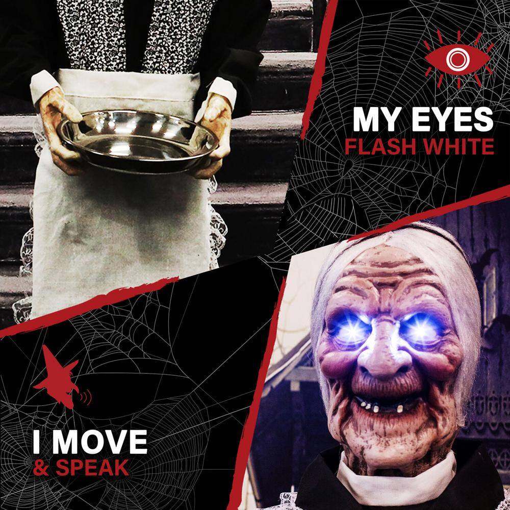 5 ft. Emma the Animated Zombie Housemaid Holding a Tray, Indoor or Covered Outdoor Halloween Decoration - Hercitys