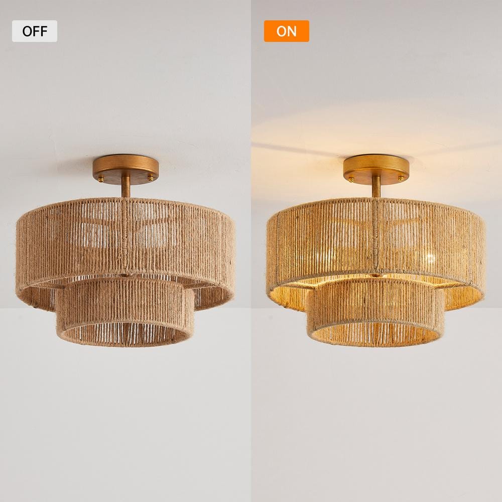 15.4 in. 3-Light Bohemian Antique Gold Two-Tier Drum Semi- Flush Mount with Natural Jute Rope Shade - Hercitys