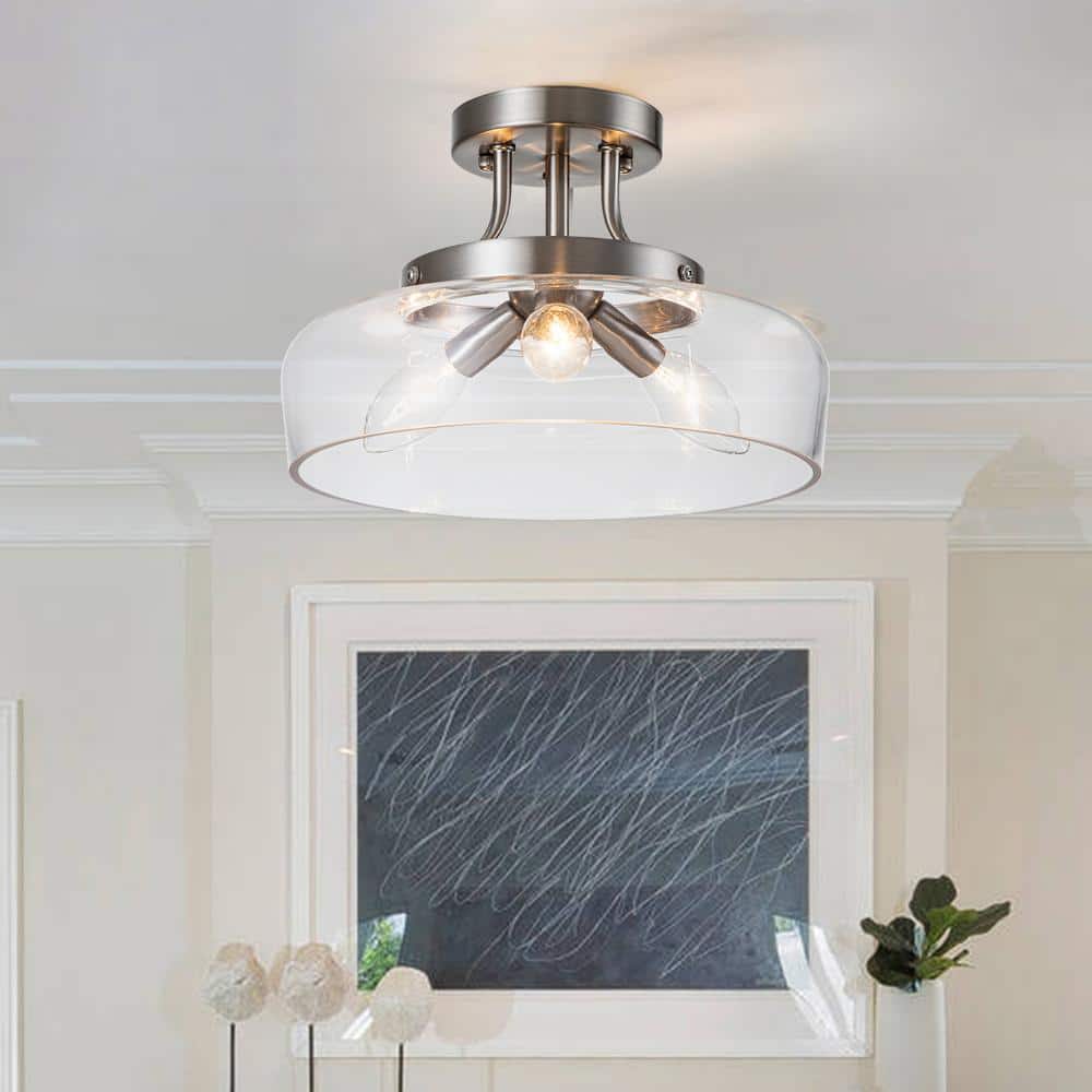 11 in. 3-Light Satin Nickel Transitional Semi-Flush Mount with Clear Glass Shade and No Bulbs Included - Hercitys