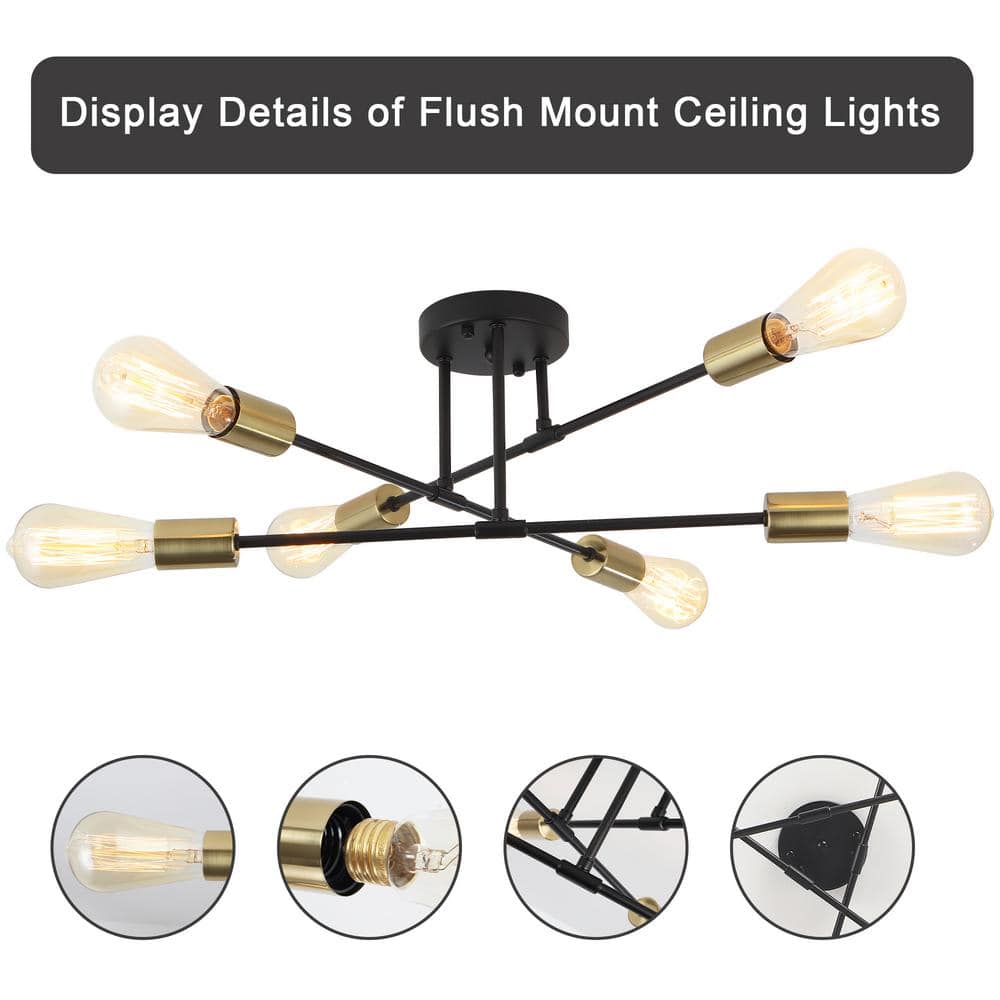 20.66 in. 6-Light Black and Brass Sputnik Modern Semi-Flush Mount Ceiling Light - Hercitys