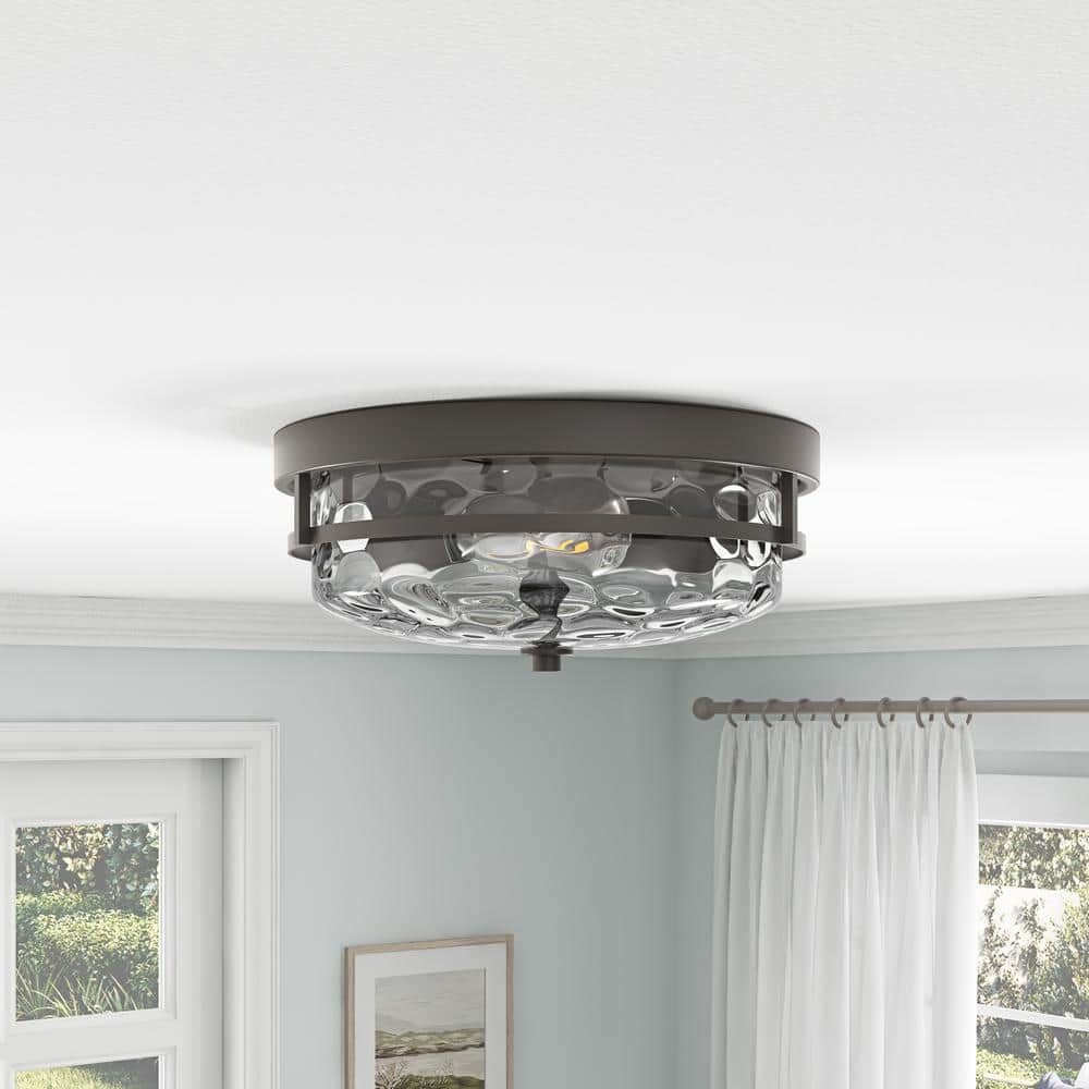 13 in. 2-Light Farmhouse Oil Rubbed Bronze Flush Mount Ceiling Light Fixture with Water Ripple Glass Shade - Hercitys