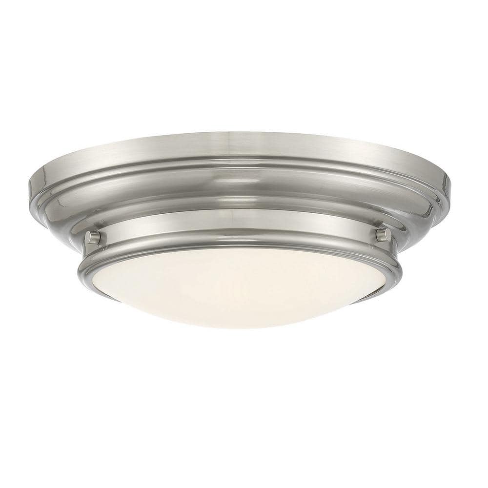 13 in. W x 4.50 in. H 2-Light Brushed Nickel Flush Mount Light with White Glass Round Shade - Hercitys