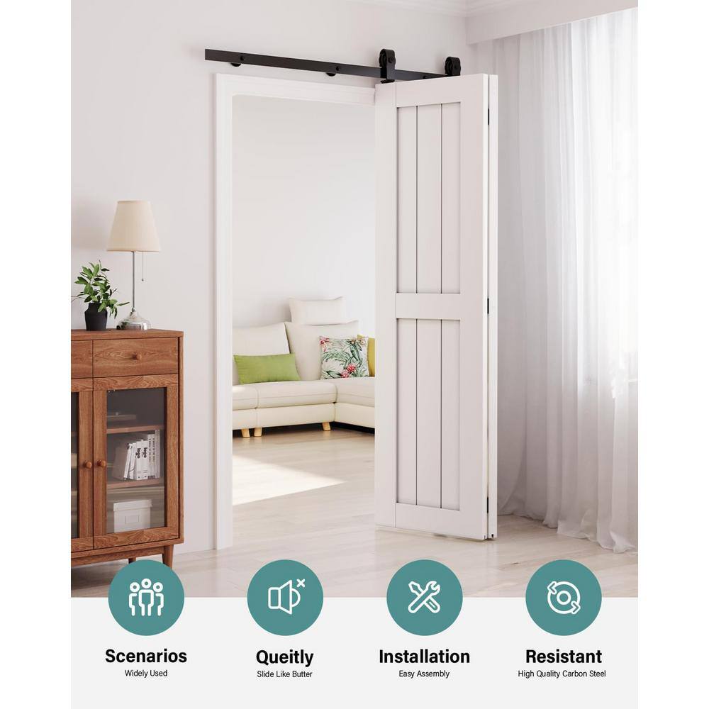 5 ft. /60 in. J Shape Frosted Black Top Mount Bi-Fold Sliding Barn Door Hardware Track Kit for Double Doors - Hercitys