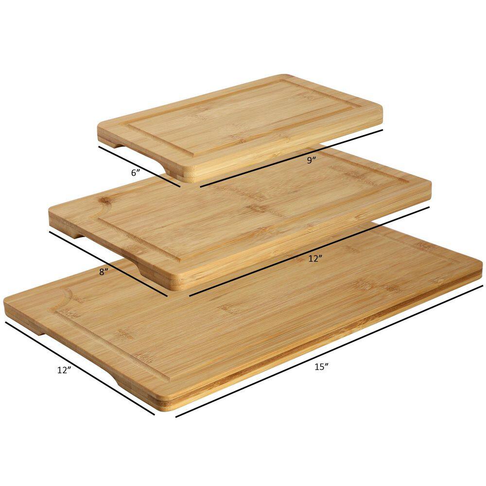 3 Piece 9 in., 12 in., and 15 in. Bamboo Wood Cutting Board Set with Juice Grooves - Hercitys