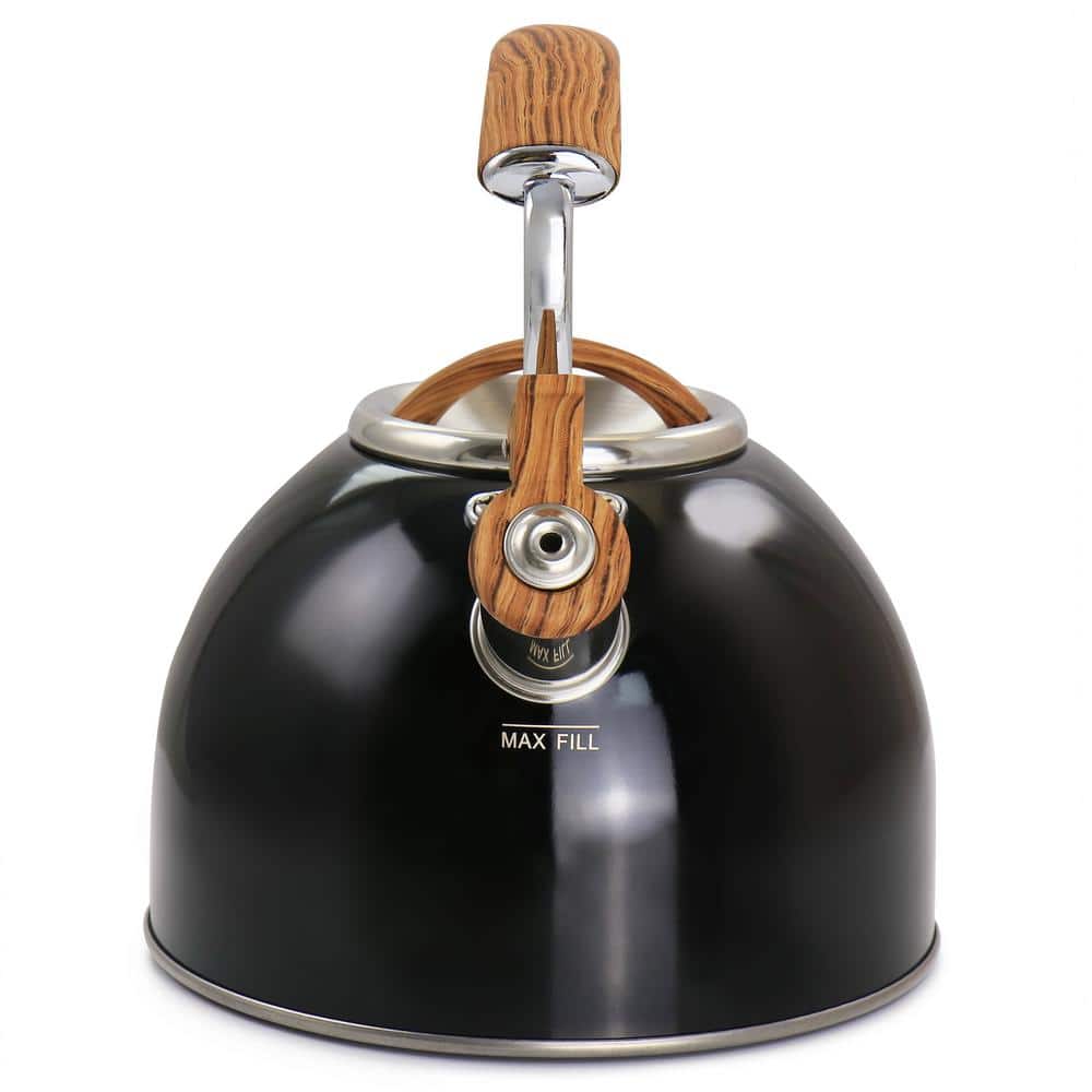 2-Quart 8-Cup Black Stainless Steel Whistling Tea Kettle with Wood Pattern Handle - Hercitys