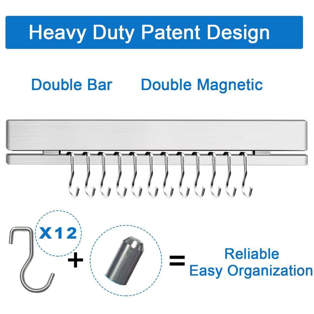 5-Knife 17 in. 304 Stainless Steel Magnetic Knife Strip, Magnetic Knife Bar with 12 Hooks and 3 Mounting Options - Hercitys
