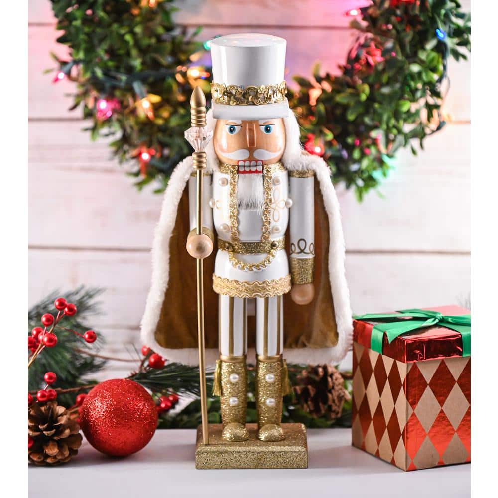 14 in. Wooden Christmas Gold King Nutcracker-Gold and White Glittered Nutcracker with Gold and White Fur Cape and Staff - Hercitys