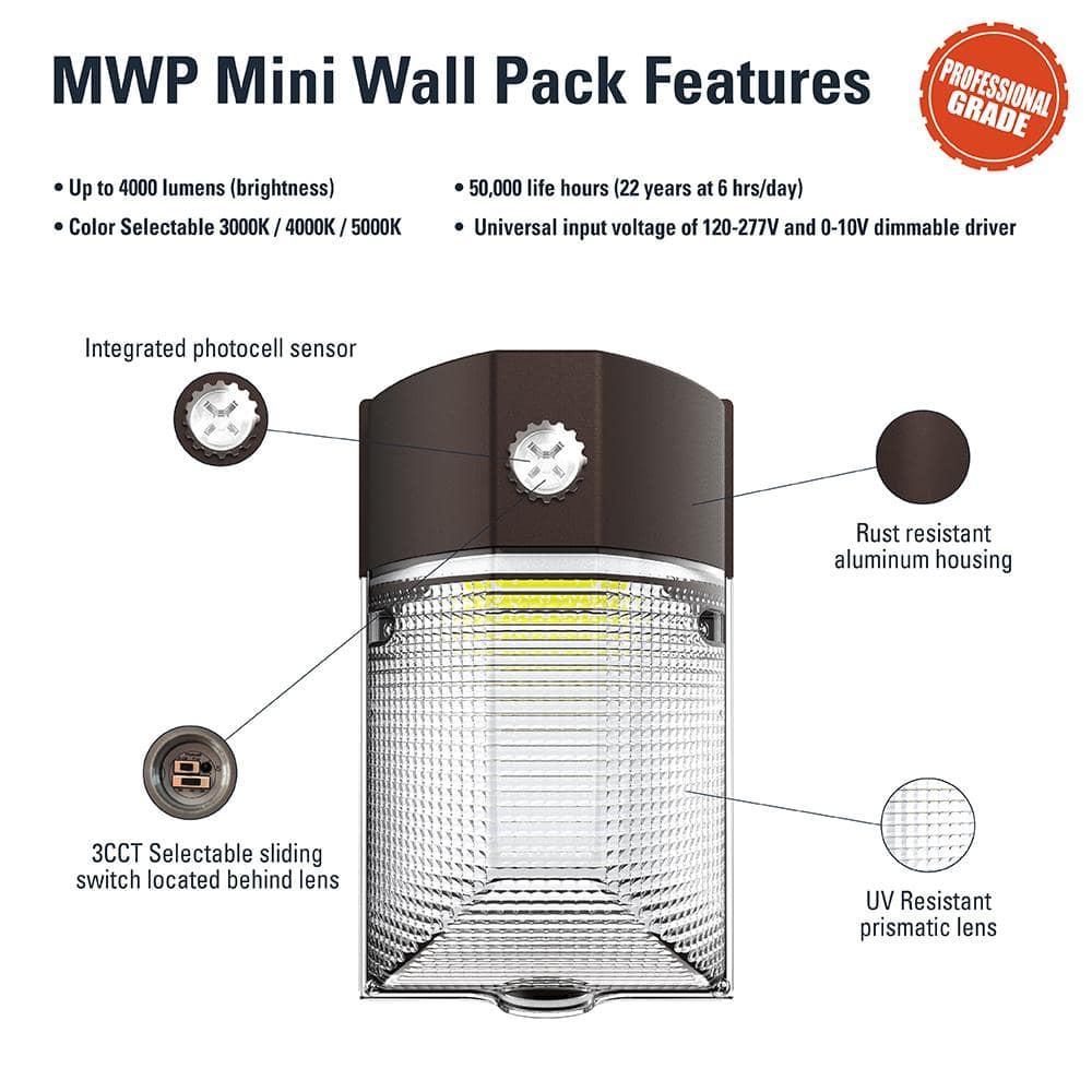 150- Watt Equivalent, Integrated LED, Bronze Finish, Dusk to Dawn Mini Wall Pack Light, Selectable CCT 3000K/4000K/5000K - Hercitys