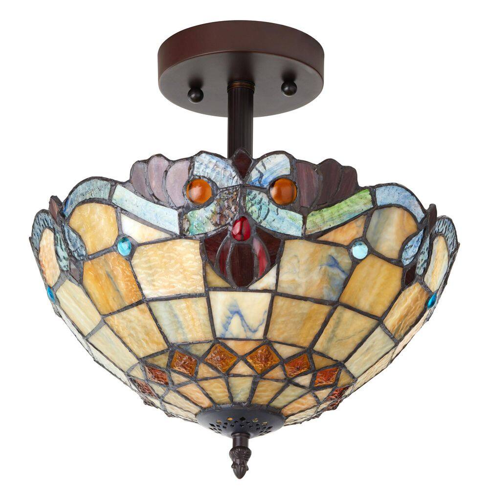 13 in. Tiffany Stained Glass Semi-Flush Mount Ceiling Light with Red and Amber Bowl Shade - Hercitys