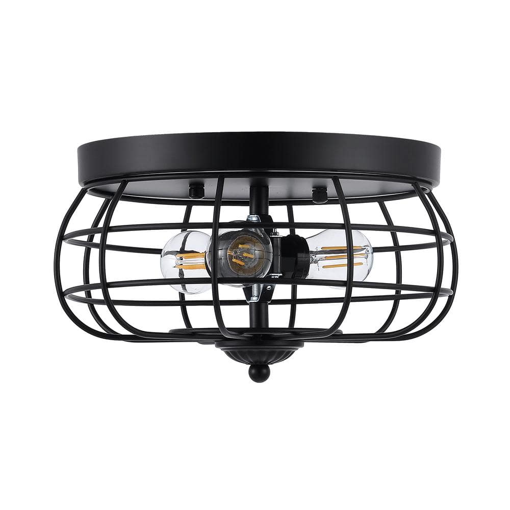 11 in. 3-Light Black Farmhouse Caged Flush Mount - Hercitys