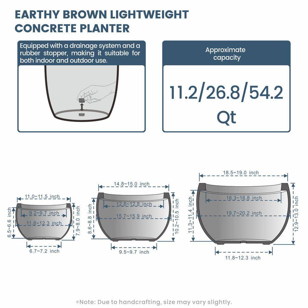 11.5 in. 15 in. 19 in. Earthy Brown Concrete Round Planter / Pot with Drainage Holes (Set of 3) - Hercitys