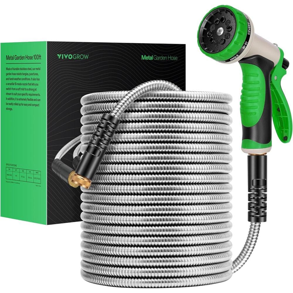 5/8 in. Dia. x 100 ft. Stainless Steel Water Hose with Brass Fittings and 10 Function Nozzle - Hercitys