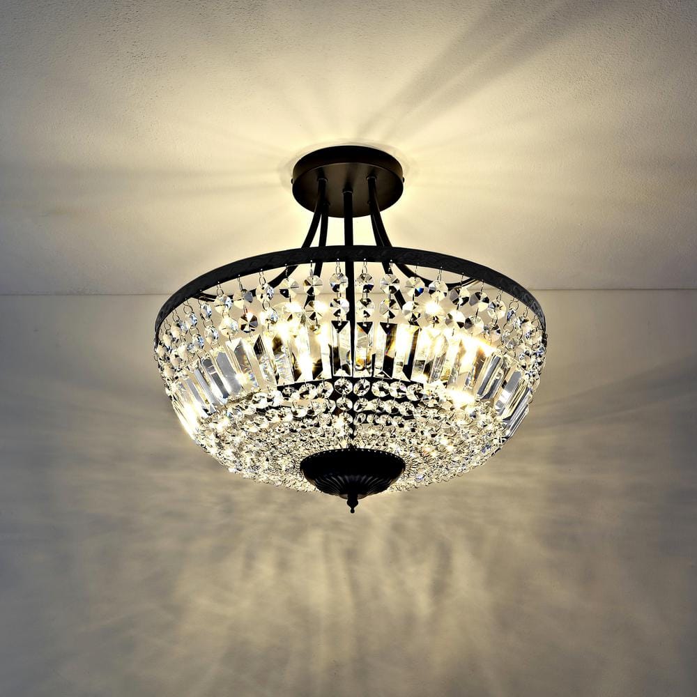 5-Light Crystal Ceiling Light Fixture, Black Semi Flush Mount Chandelier - Hercitys