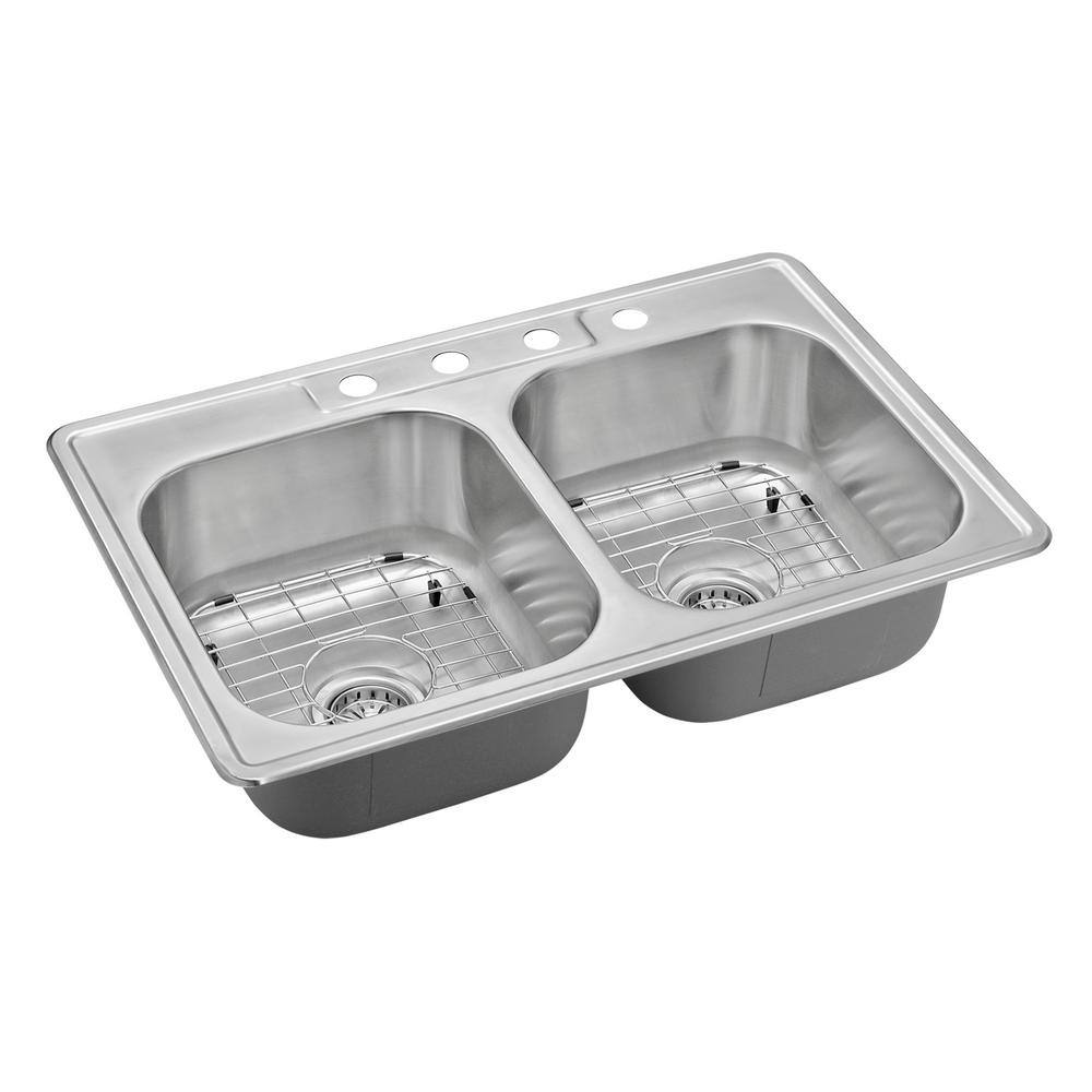 18 Gauge Stainless Steel 33 in. Double Bowl Drop-In Kitchen Sink with Bottom Grid - Hercitys