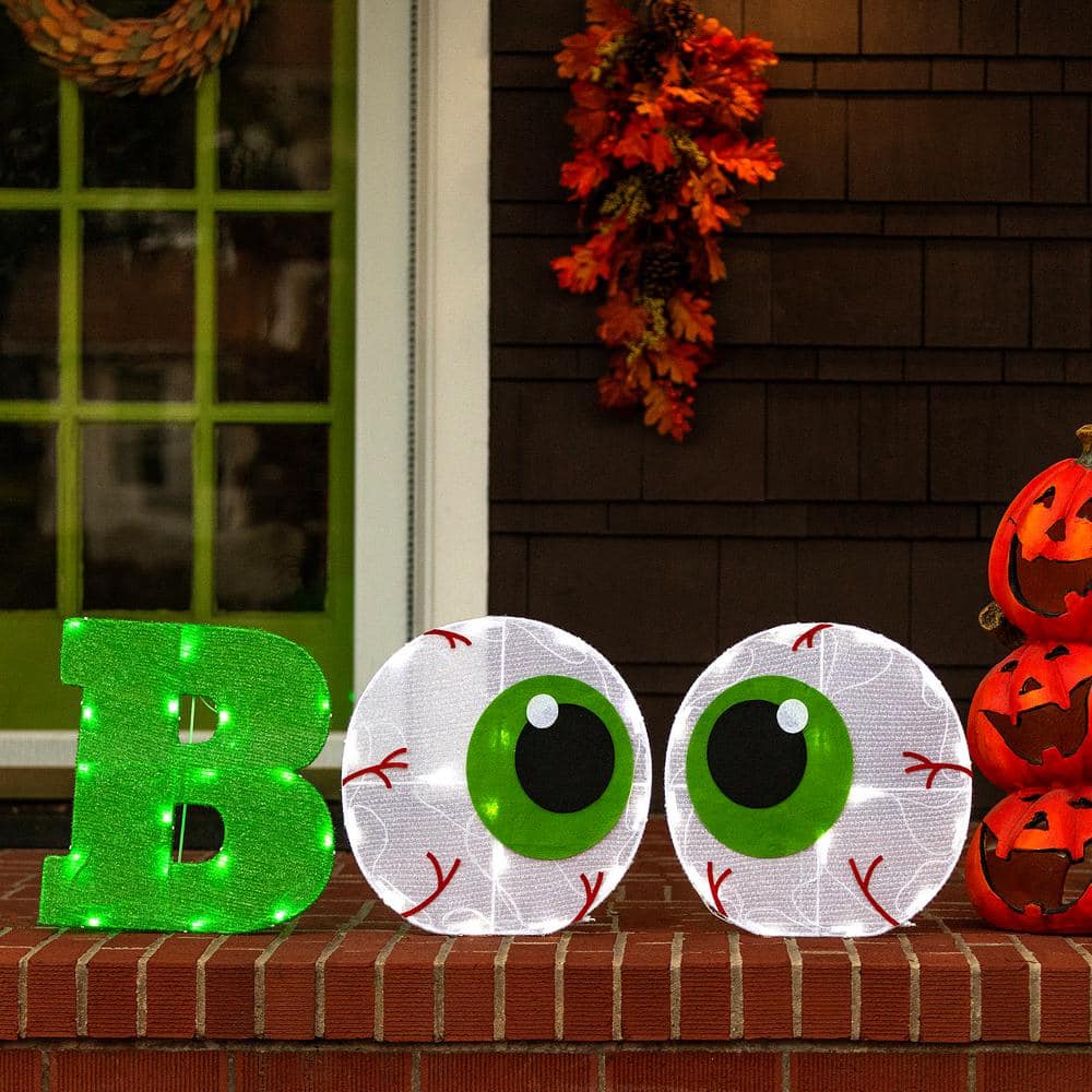 14 in. 2D Tinsel Fabric BOO Sign Pre-Lit with 50 Green and Cool White Plug-In LED Lights - Hercitys