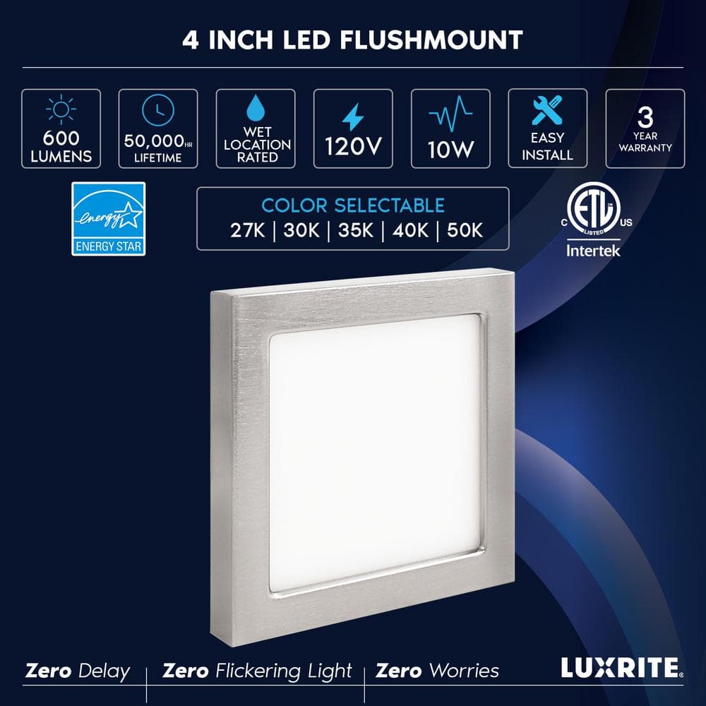 4 in. Square Nickel Modern Flush Mount Ceiling Light LED Integrated 10-Watt 600LM 5CCT 2700K-5000K Dimmable (4-Pack) - Hercitys