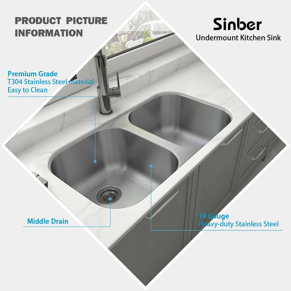 32 in. Undermount Double Bowl 18 Gauge 304 Stainless Steel Kitchen Sink - Hercitys