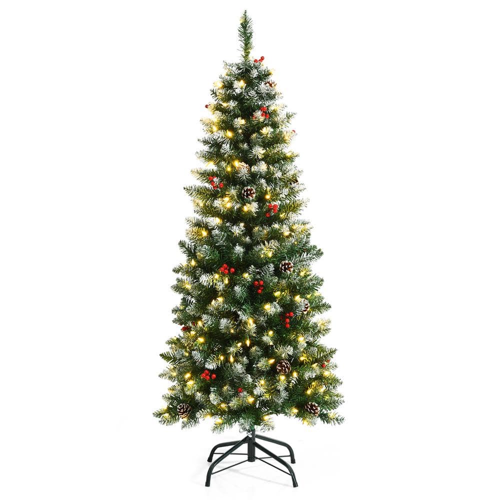 5 ft. Pre-Lit Hinged Christmas Tree Artificial Pencil Xmas Tree with LED Lights - Hercitys
