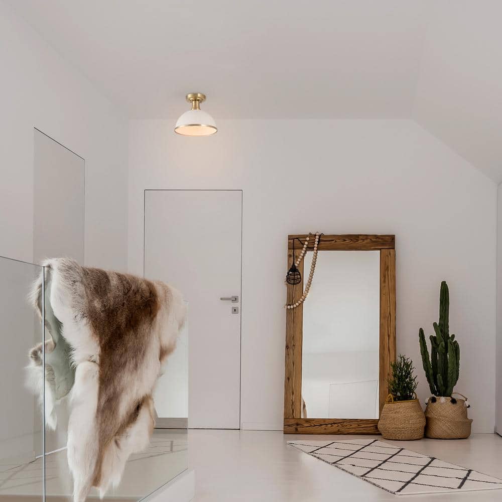 10 in. 1-Light Matte White Semi-Flush Mount Ceiling Light with Matte Brass Accents - Hercitys