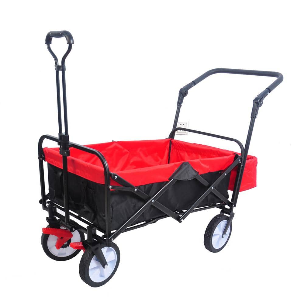 3.9 cu. ft. Red Black Steel Folding Garden Cart with Adjustable Handles and Emergency Brakes - Hercitys