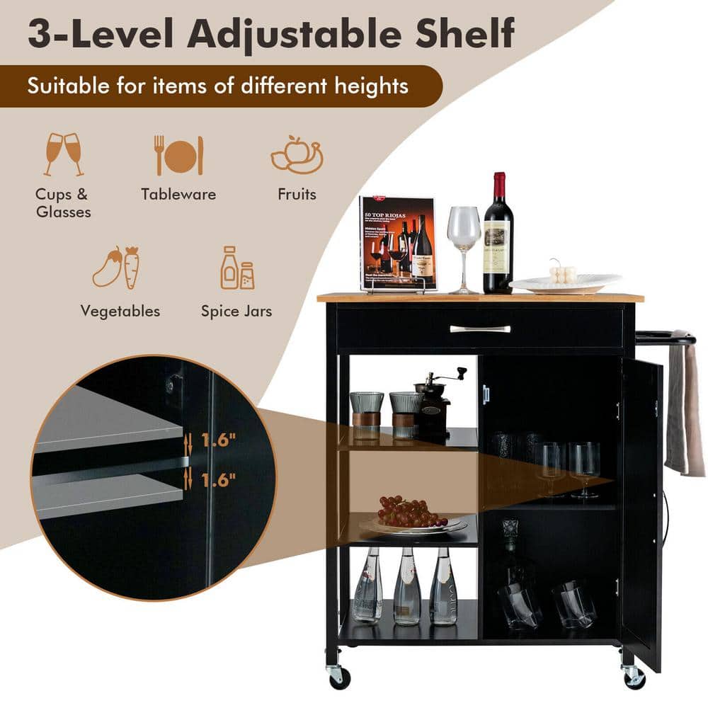 34.5 in. Black Wood Kitchen Cart Island with Rubber Wood Top - Hercitys