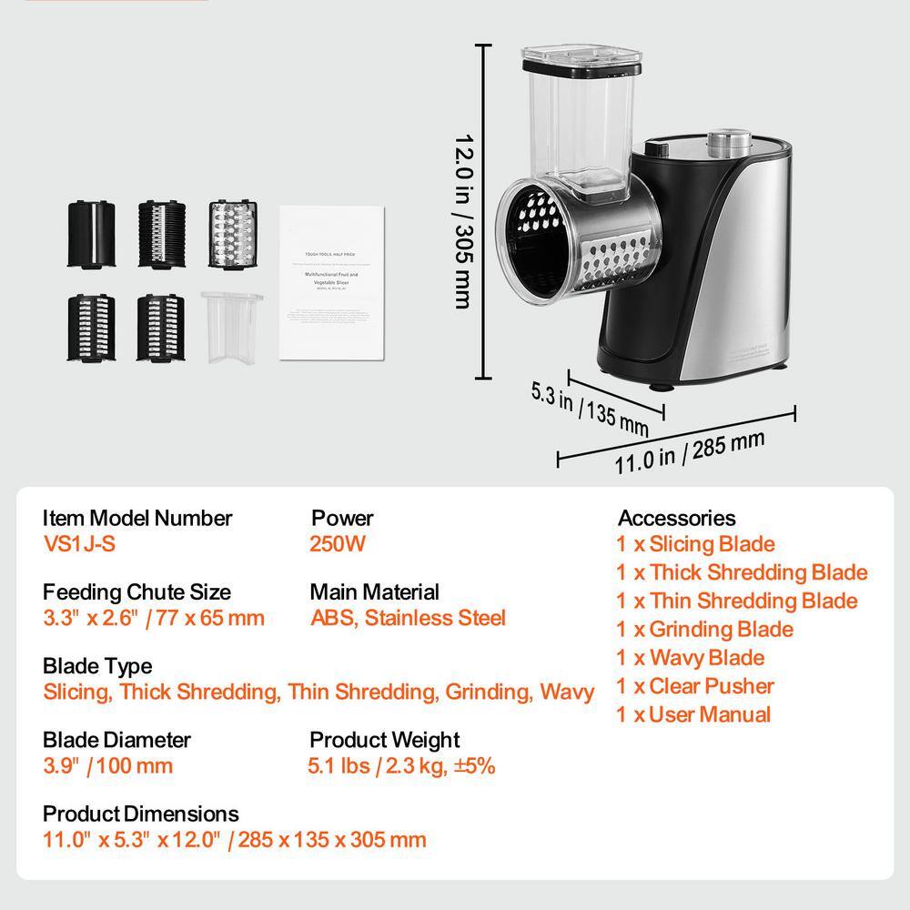 250 W Electric Cheese Grater and Salad Maker, Vegetable Slicer and Shredder with 5 Attachments, Stainless Steel Fruit - Hercitys
