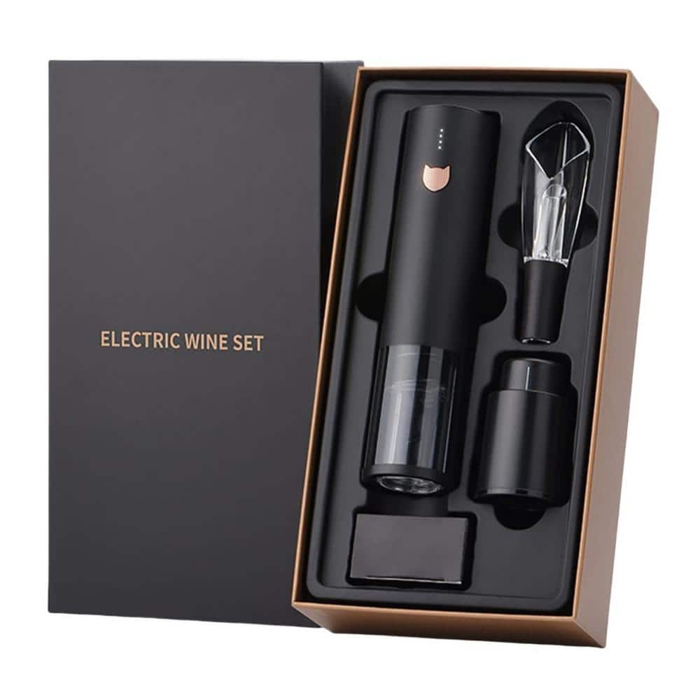4-Piece Black Electric Wine Bottle Opener Set with Foil Cutter, 2-in-1 Aerator Pourer, Vacuum Stopper and Gift Box - Hercitys