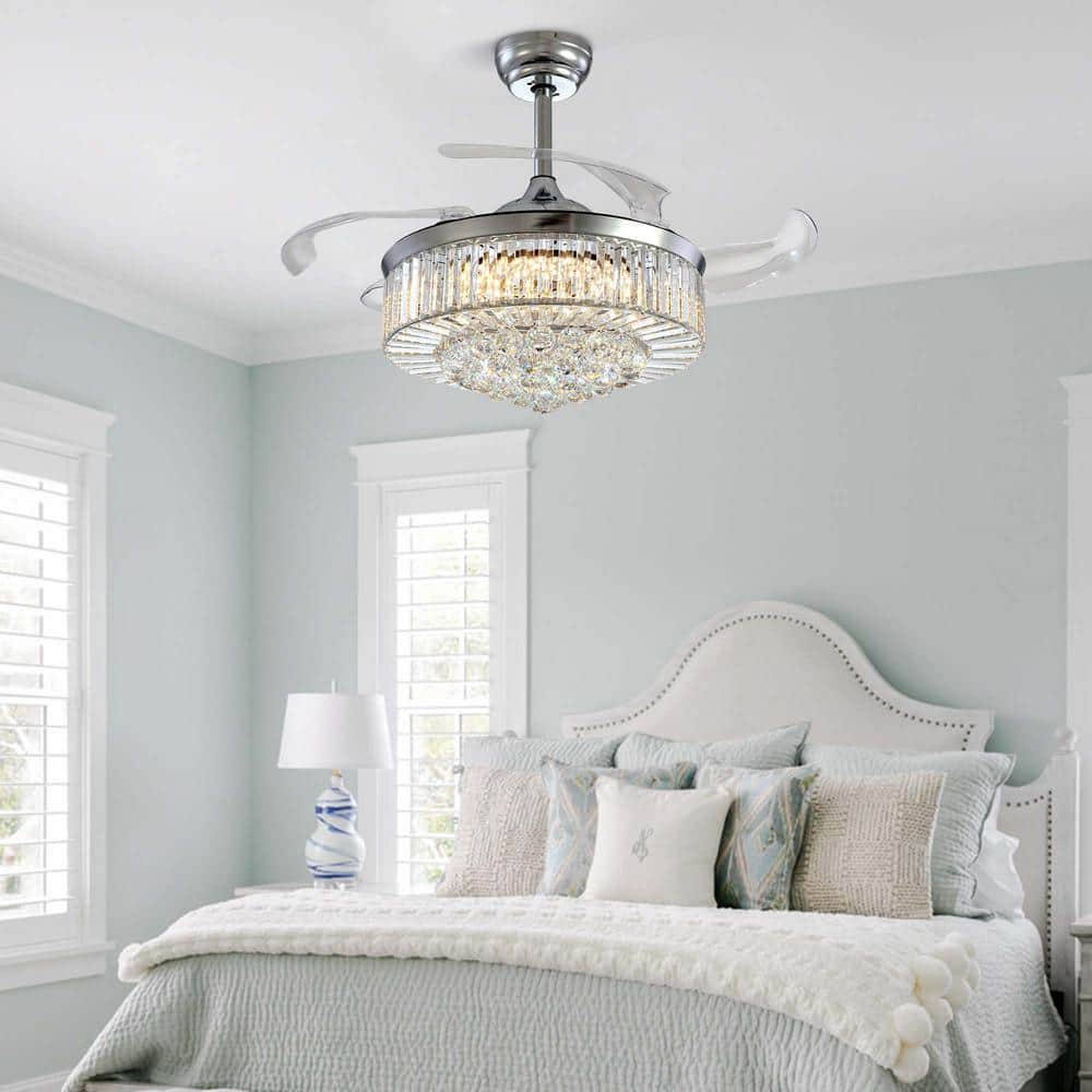 48 in. Indoor Chrome Color Smart Retractable Crystal Ceiling Fan with Adjustable LED Light Included with Remote - Hercitys