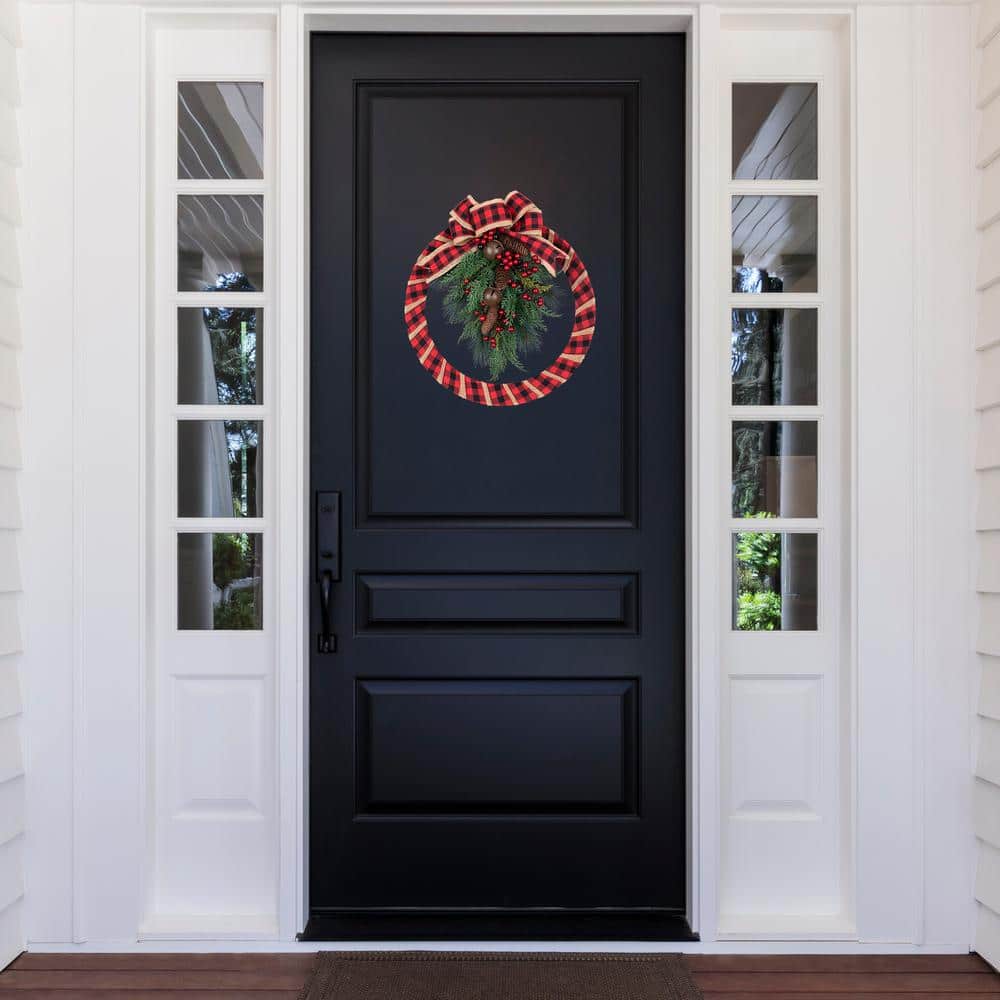 18 in. Unlit Artificial Homespun Wreath Buffalo Check with Pinecones - Hercitys