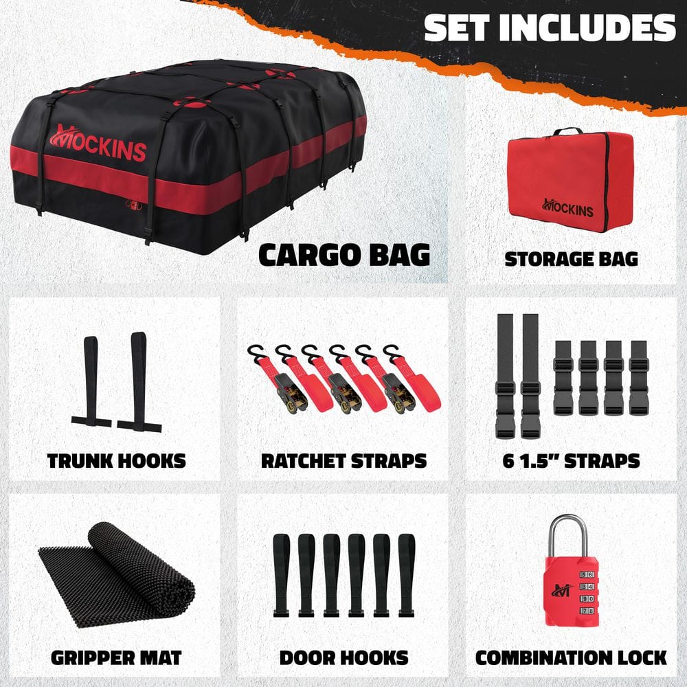 45 Cu Ft. Red Waterproof Roof Top Cargo Bag (75 in. x 48 in. x 22 in.) with PVC Mat, Straps, Hooks, Lock and Carry Case - Hercitys