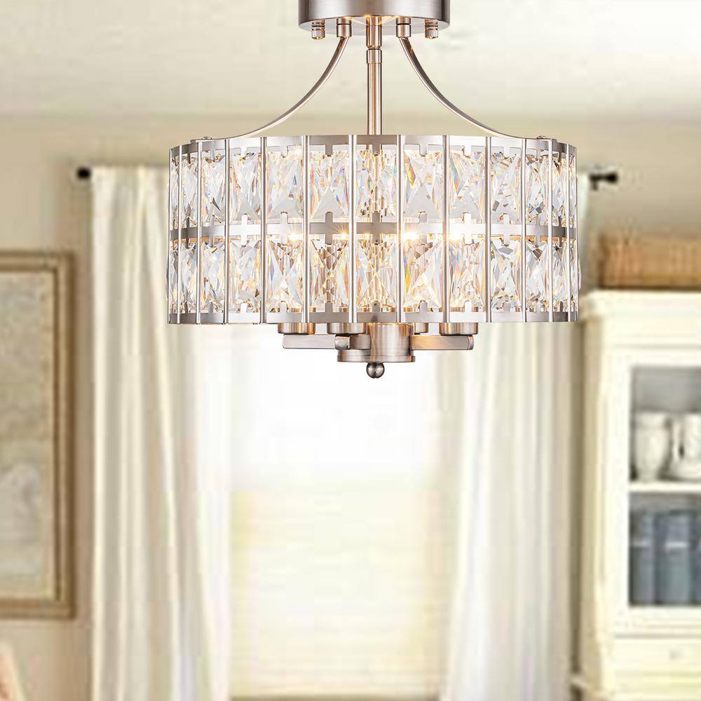 12.6 in. 4-Light Round Nickel Drum Semi Flush Mount Ceiling Light with Clear Crystal Glass with No Bulbs Included - Hercitys