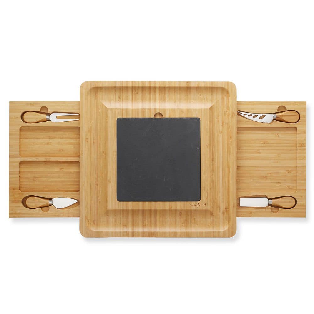 14.25 in. Traditional Natural Brown Bamboo Cheese Board with Slate Cheese Plate and Cheese Knives - Hercitys